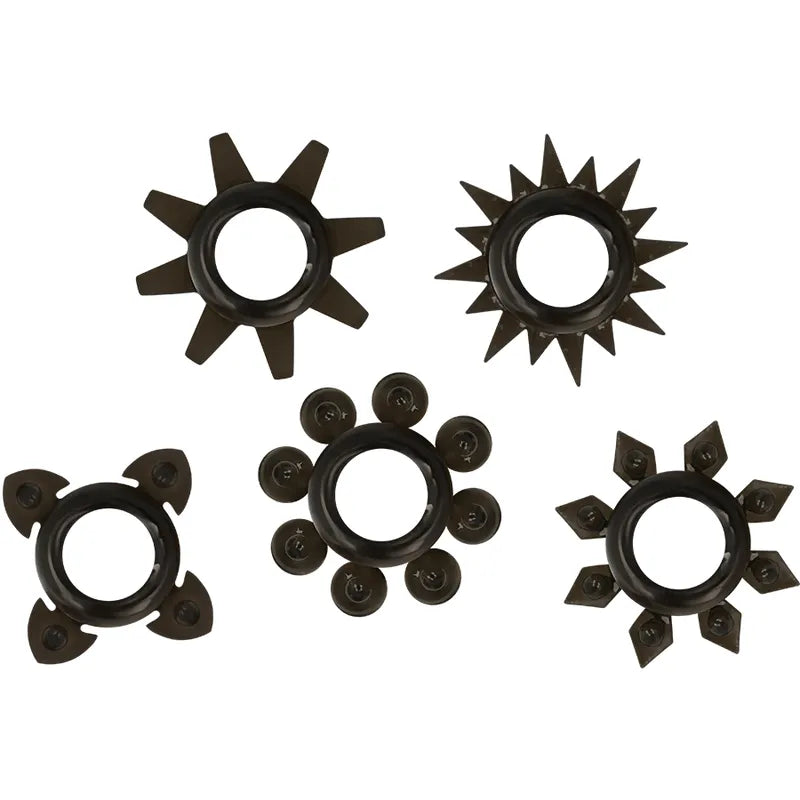 Anneaux péniens en silicone noir, formes variées, pour érections longues et puissantes, confort et performance améliorés.