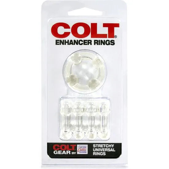 Anneaux péniens transparents en caoutchouc thermoplastique, flexibles et ajustables, dans un emballage Colt.