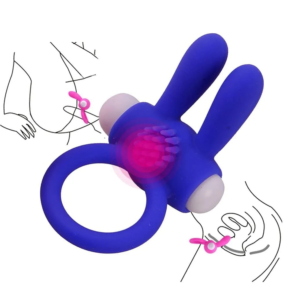 Anneau pénis vibrant bleu silicone, oreilles lapin, picots, stimulation clitoridienne, étanche, piles incluses.