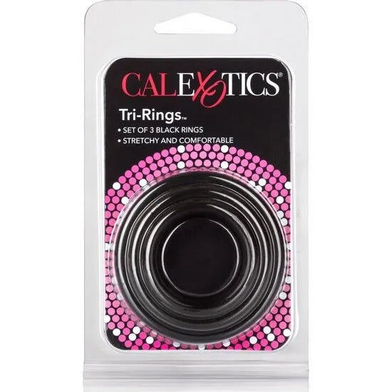 Anneaux pénis silicone noir, hypoallergéniques, trois tailles, emballage transparent, confortables et prolongateurs.