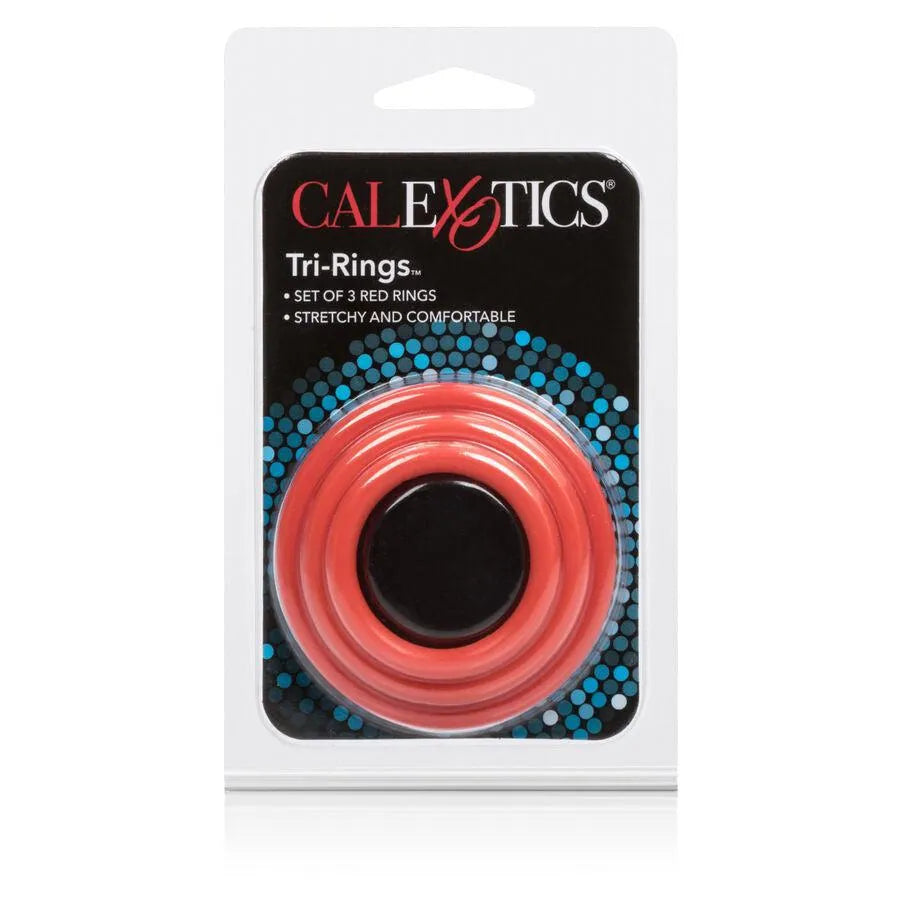 Anneaux pénis silicone rouges, trois tailles, fermeté érections durables, hypoallergéniques, confortables, sans latex.