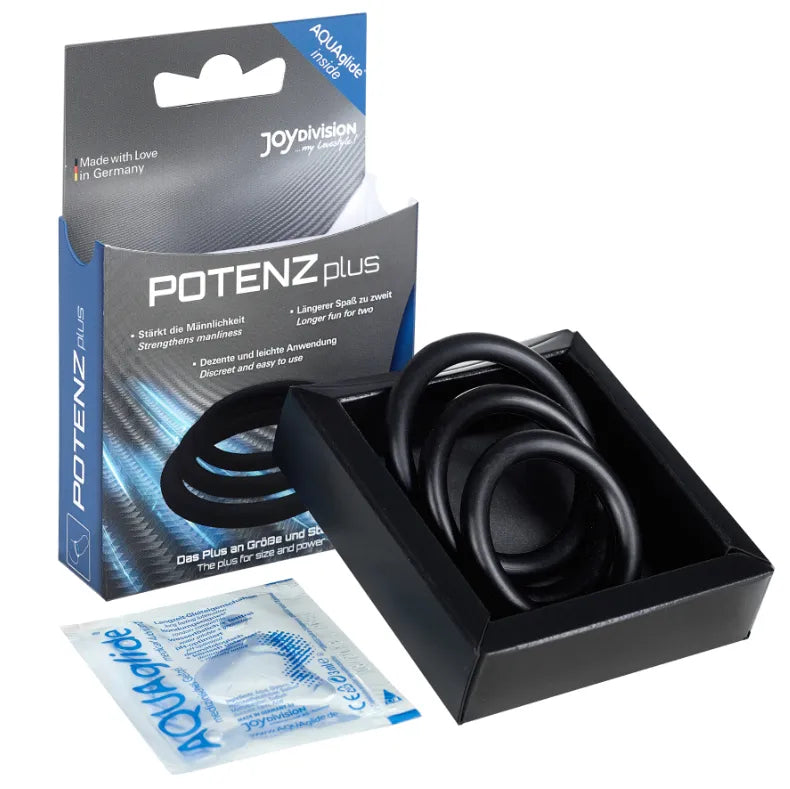 Anneaux pénis silicone noir hypoallergénique, tailles S M L, boîte ouverte, fabriqué en Allemagne, sans phtalates.