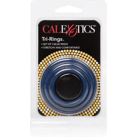 Anneaux pénis silicone bleu, trois tailles, hypoallergéniques, sans latex, pour érection durable et contrôle éjaculation.