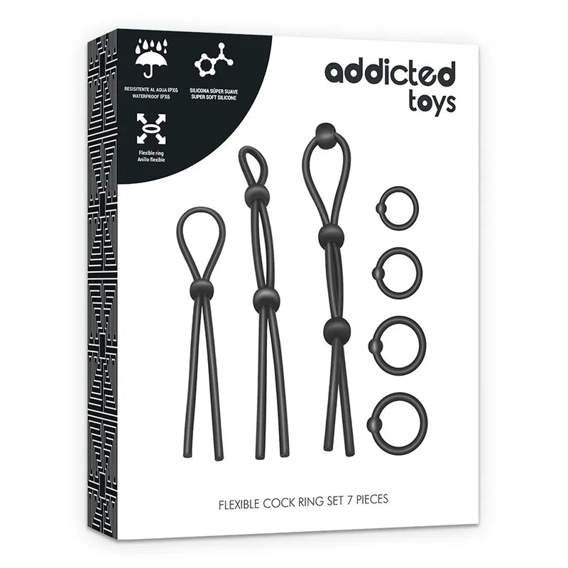 Anneaux pénis silicone noirs ajustables, hypoallergéniques, prolongation éjaculation, étanches, confort optimal.