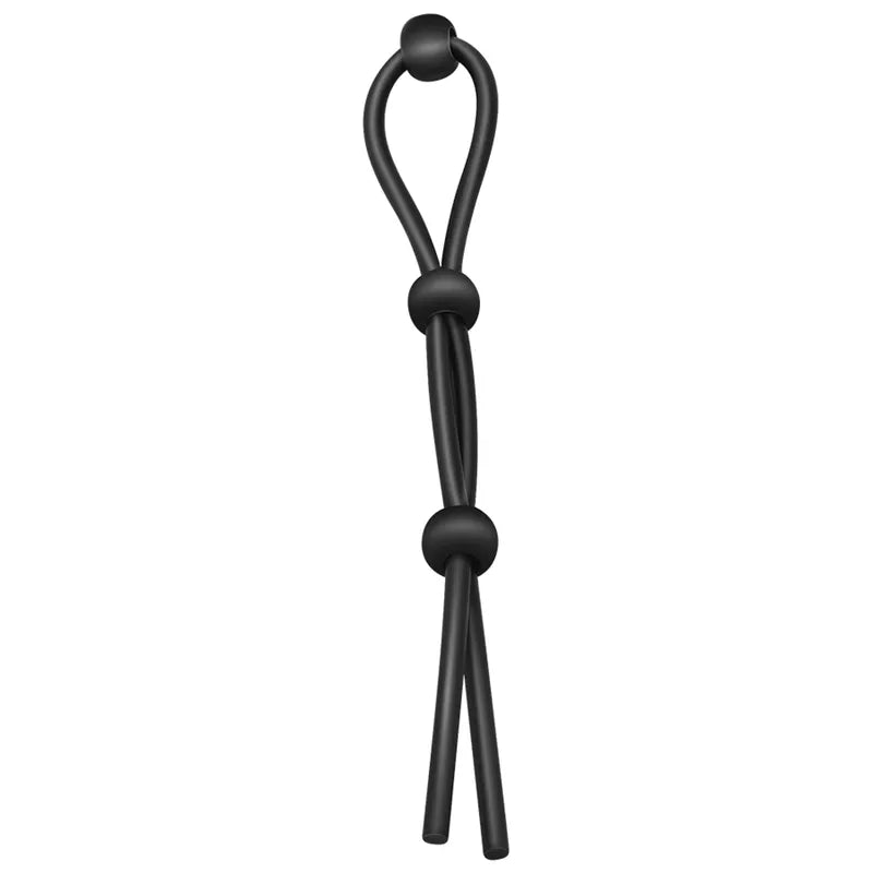 Anneau pénis silicone noir ajustable, élastique, hypoallergénique, pour prolongation éjaculation et confort optimal.
