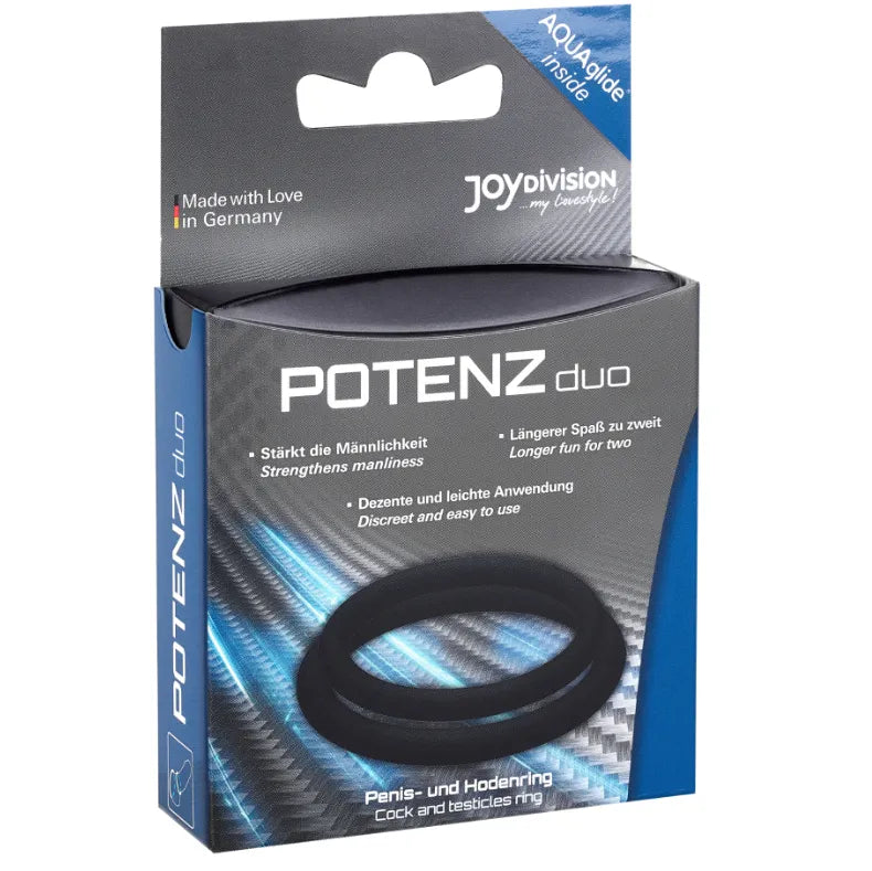 Anneau pénis silicone noir, hypoallergénique, taille M, dans boîte bleue, améliore érection, fabriqué en Allemagne.