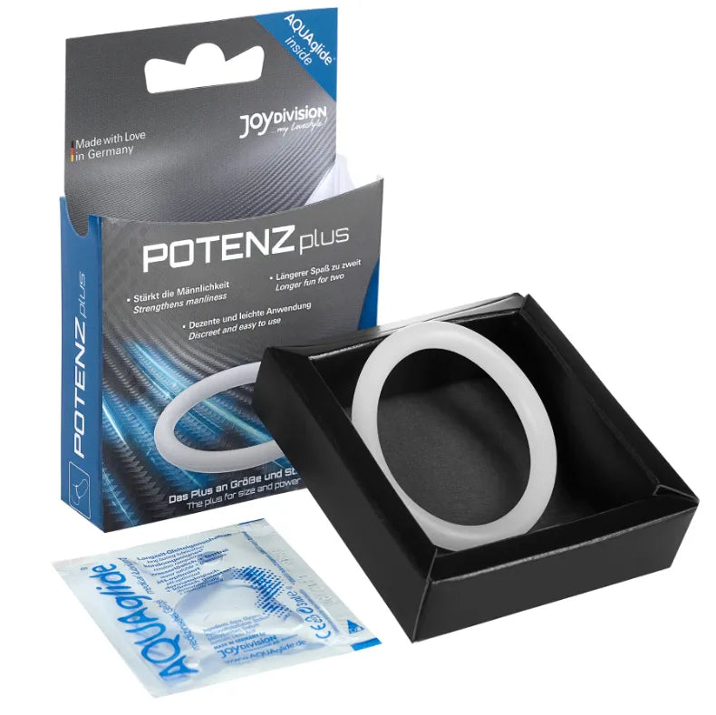 Anneaux pénis testicules en silicone médical, hypoallergéniques, couleur blanche, dans un emballage allemand élégant.