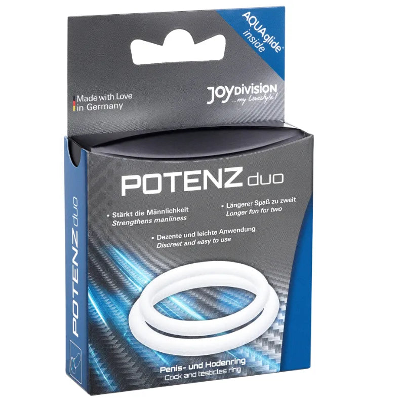 Anneaux pénis testicules silicone blanc, hypoallergéniques, taille M, dans un emballage bleu et noir, qualité médicale.