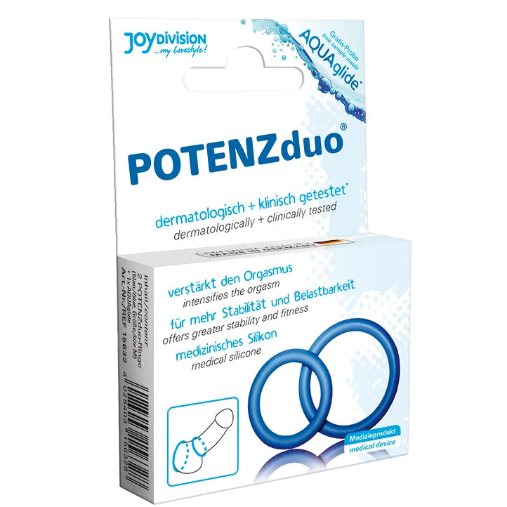 Anneaux érection bleus en silicone, duo ajustable, confort hypoallergénique, intensité orgasmique, emballage POTENZduo.
