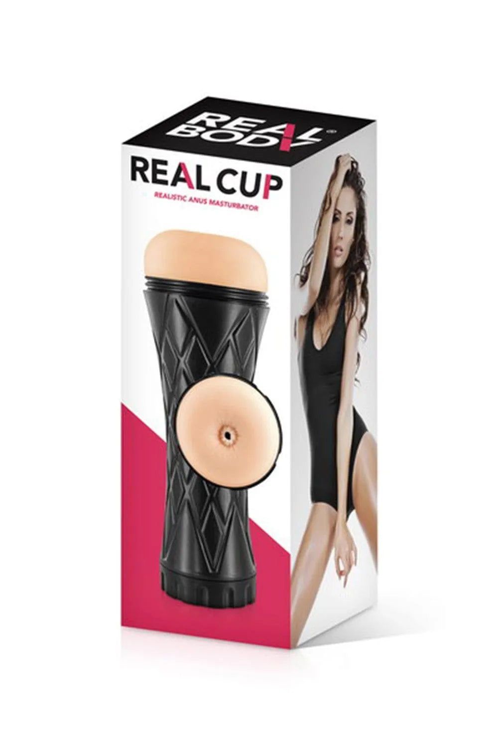 Masturbateur anus réaliste noir avec gaine douce, dans une coupe rigide, sur fond blanc avec packaging illustré.