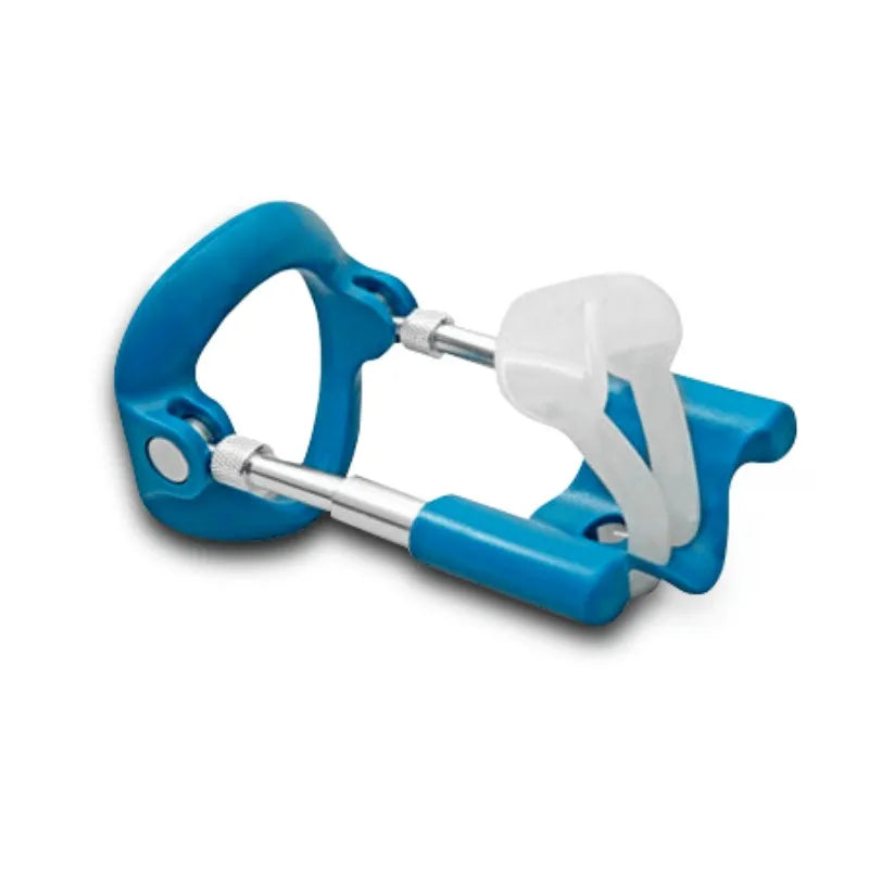 Appareil d'allongement pénien bleu et blanc, traction médicale, aluminium et silicone, certifié CE, portable et discret.