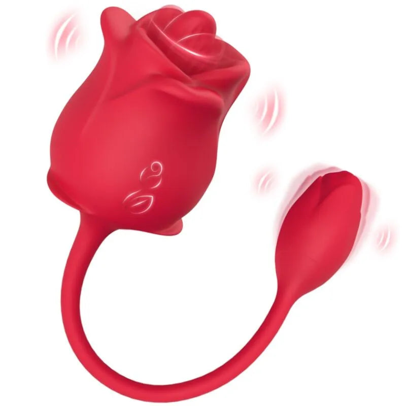 Appareil aspiration clitoridienne rouge en silicone, forme de rose, étanche, rechargeable, 10 modes, compact et ergonomique.