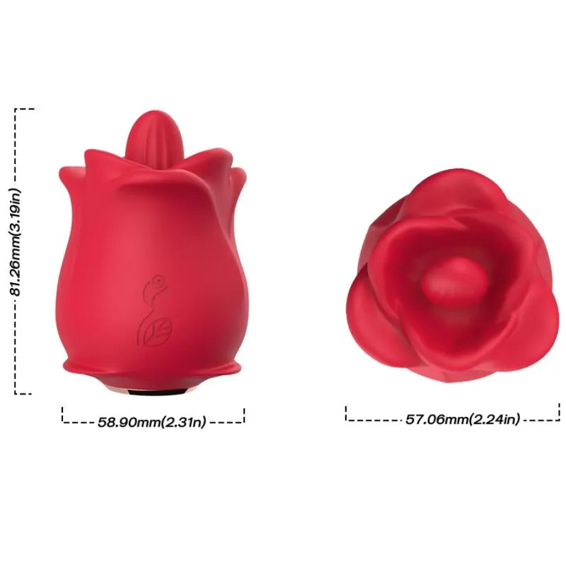 Appareil de stimulation clitoridienne rouge en silicone, forme de rose, 9 modes, étanche, dimensions indiquées.