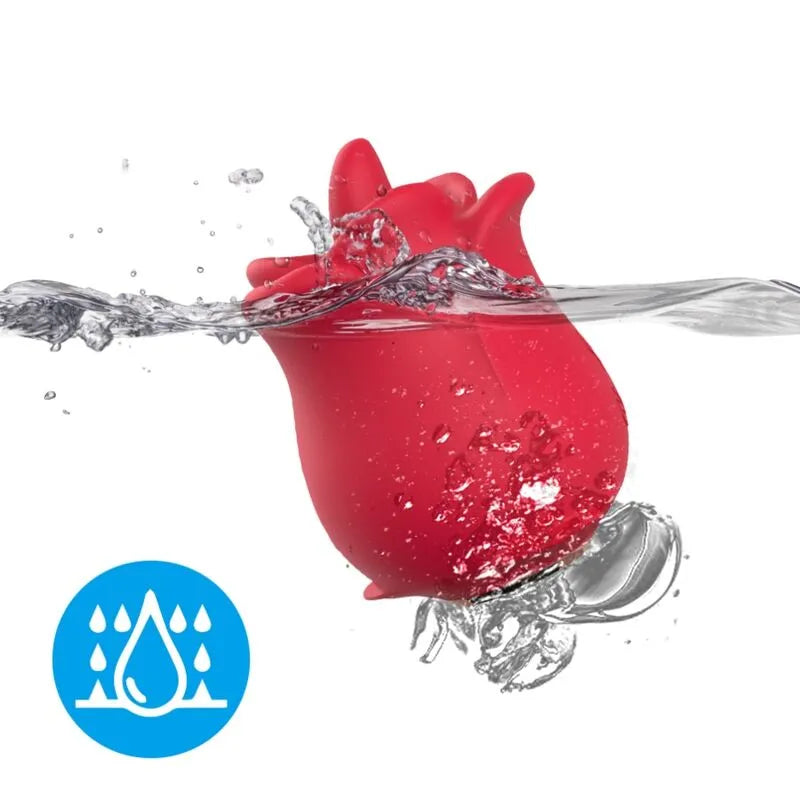 Appareil de stimulation clitoridienne rouge en silicone étanche, forme de rose, immergé dans l'eau, icône étanchéité.