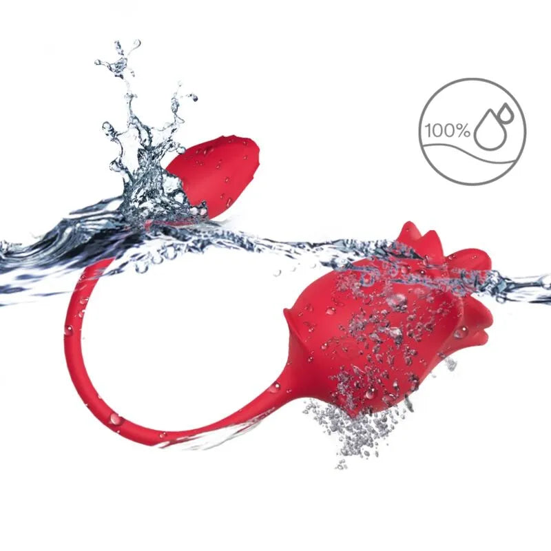Appareil aspiration clitoridienne rouge étanche en silicone, forme ergonomique, immergé dans l'eau, symbole étanchéité.