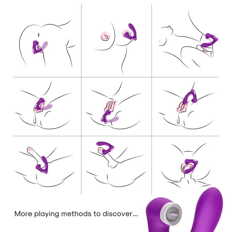 Appareil aspiration clitoridienne violet en silicone, étanche, rechargeable, avec multiples modes d'utilisation illustrés.
