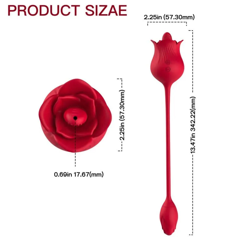 Appareil clitoridien rouge en forme de rose, silicone médical, design floral, dimensions indiquées, étanche et rechargeable.