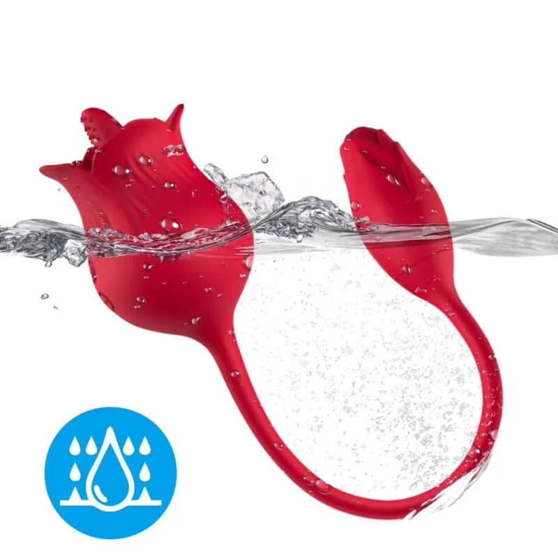 Appareil clitoridien rose en silicone, design floral, étanche, modes vibration et aspiration, immergé dans l'eau.