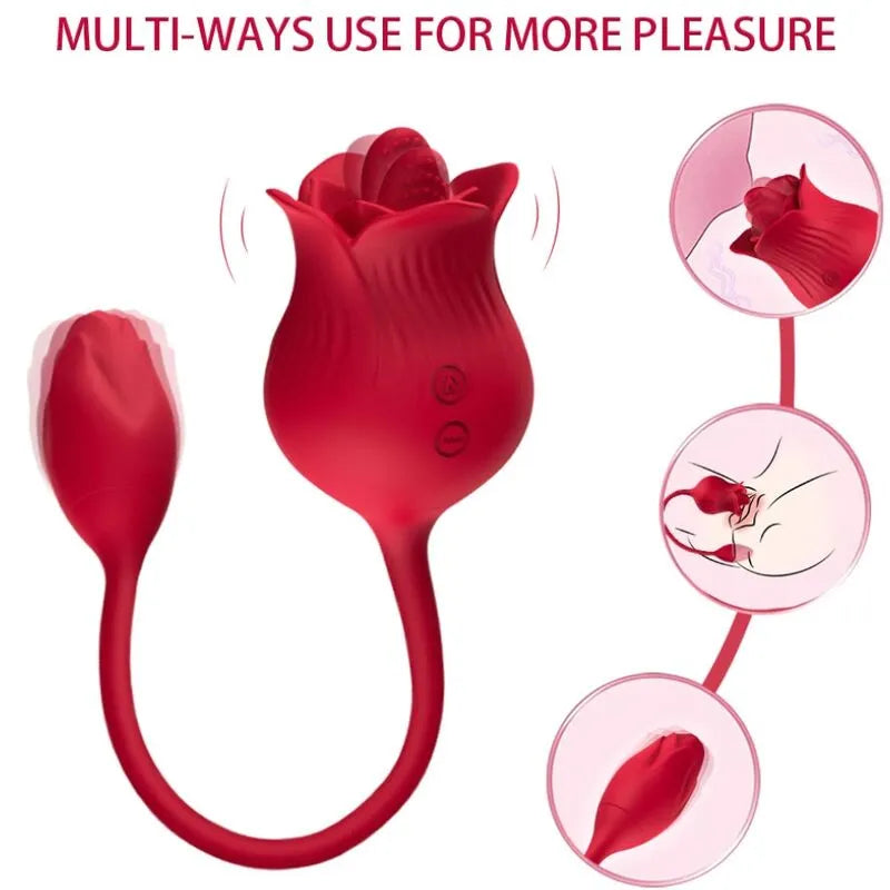 Appareil clitoridien rose en silicone, design floral, étanche, modes vibration et aspiration, ergonomique et discret.