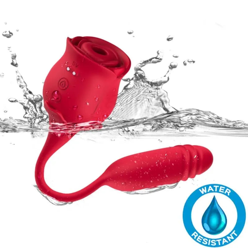 Appareil aspiration clitoridienne rouge étanche en silicone médical, forme ergonomique, modes vibration et aspiration.