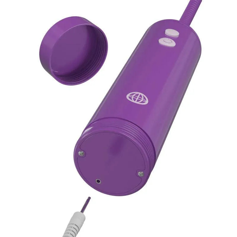 Aspirateur intime violet rechargeable en silicone avec boutons de commande, deux bonnets hermétiques et câble de charge.