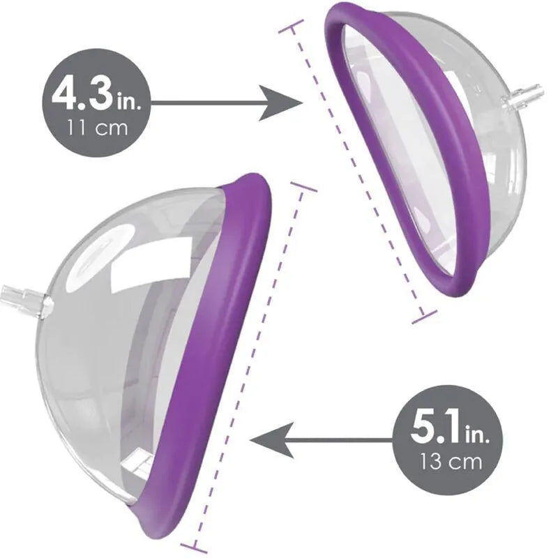 Aspirateur intime silicone violet, deux bonnets hermétiques transparents, tailles 11 cm et 13 cm, stimulation clitoris.
