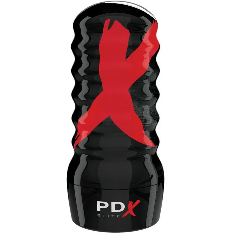 Aspirateur Masturbateur Noir Fanta Flesh, forme ergonomique, texture ondulée, logo rouge, étui robuste.
