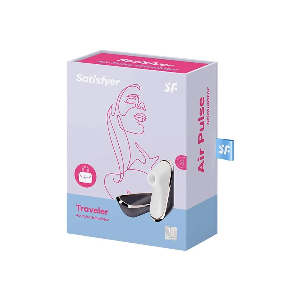Boîte du Satisfyer Pro Traveler, stimulateur clitoridien compact, design élégant noir et blanc, technologie Air Pulse.