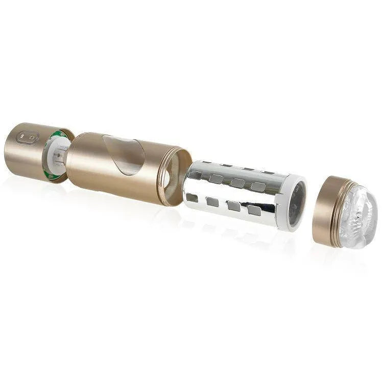 Masturbateur rotatif doré, rechargeable, avec manchon TPR souple et mécanisme de rotation avancé, design élégant.