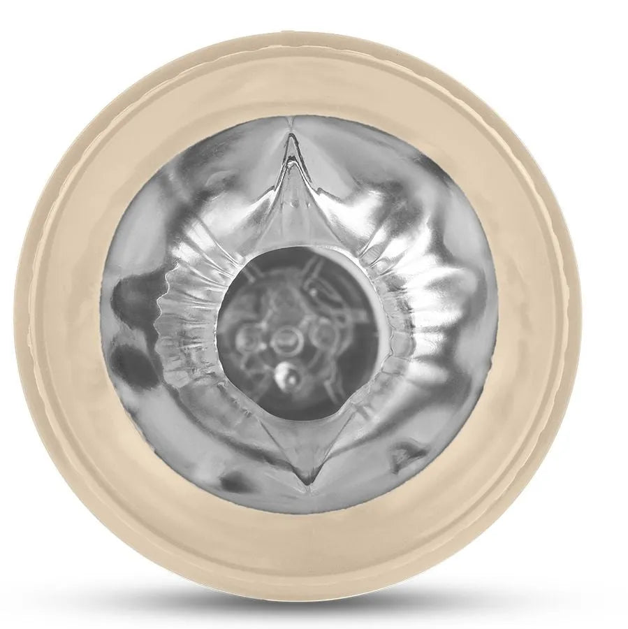 Masturbateur rotatif rechargeable beige et argent, design ergonomique en TPR pour stimulation intense.