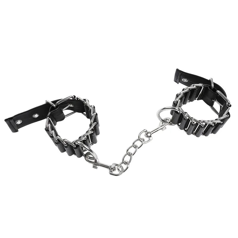 Attaches poignets BDSM réglables en métal et PVC noir, chaîne centrale, robustes et confortables, taille 16-22 cm.