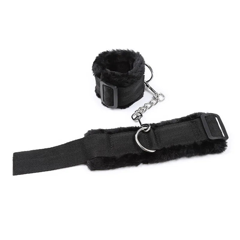 Attaches poignets noires en nylon et velours, doublées de fourrure, ajustables, avec boucles métalliques, pour confort et ...