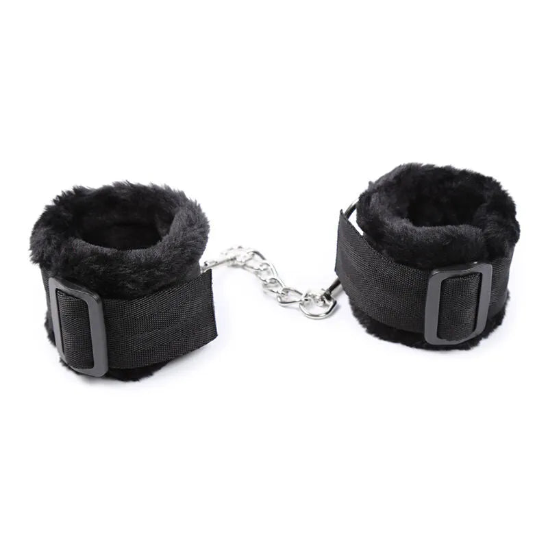 Attaches poignets noires en fourrure douce, ajustables, avec chaîne métallique, confortables et luxueuses pour exploration.