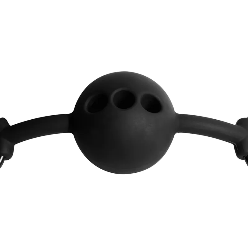 Bâillon boule en silicone noir avec trous respirants, sangle réglable, design ergonomique pour confort et sécurité BDSM.
