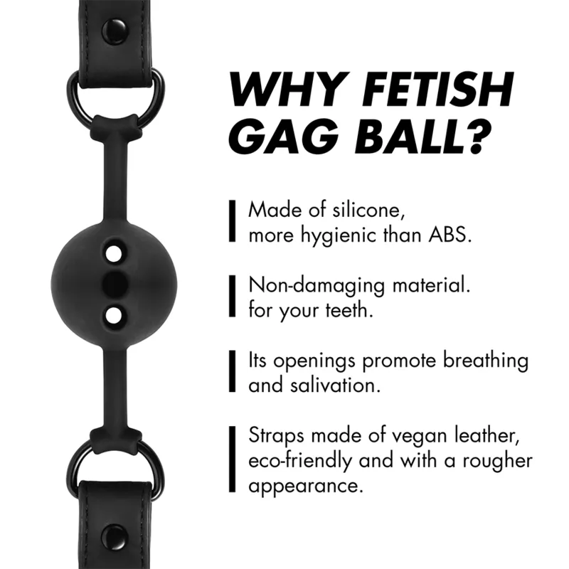 Bâillon boule noir en silicone respirant avec sangle réglable, design ergonomique et hygiénique pour jeux de soumission.