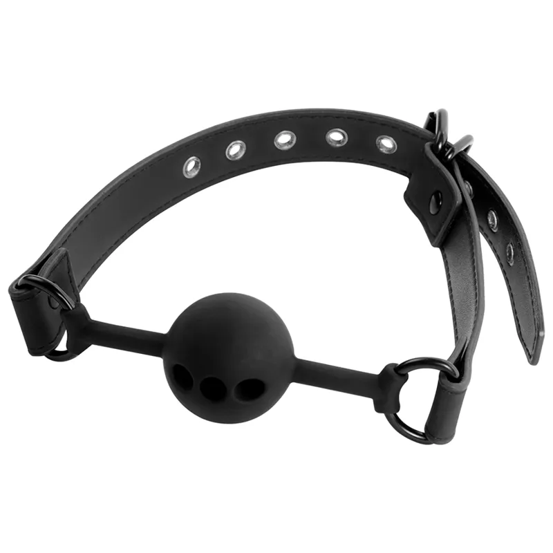 Bâillon boule silicone noir respirant, sangle réglable avec boucle, design ergonomique et esthétique pour jeux Bdsm.