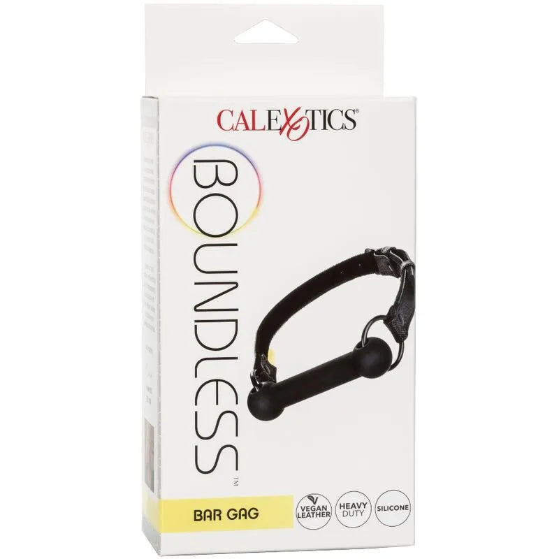 Bâillon barre en silicone noir, cuir végétalien, boucles réglables, protection dents, emballage blanc, marque visible.