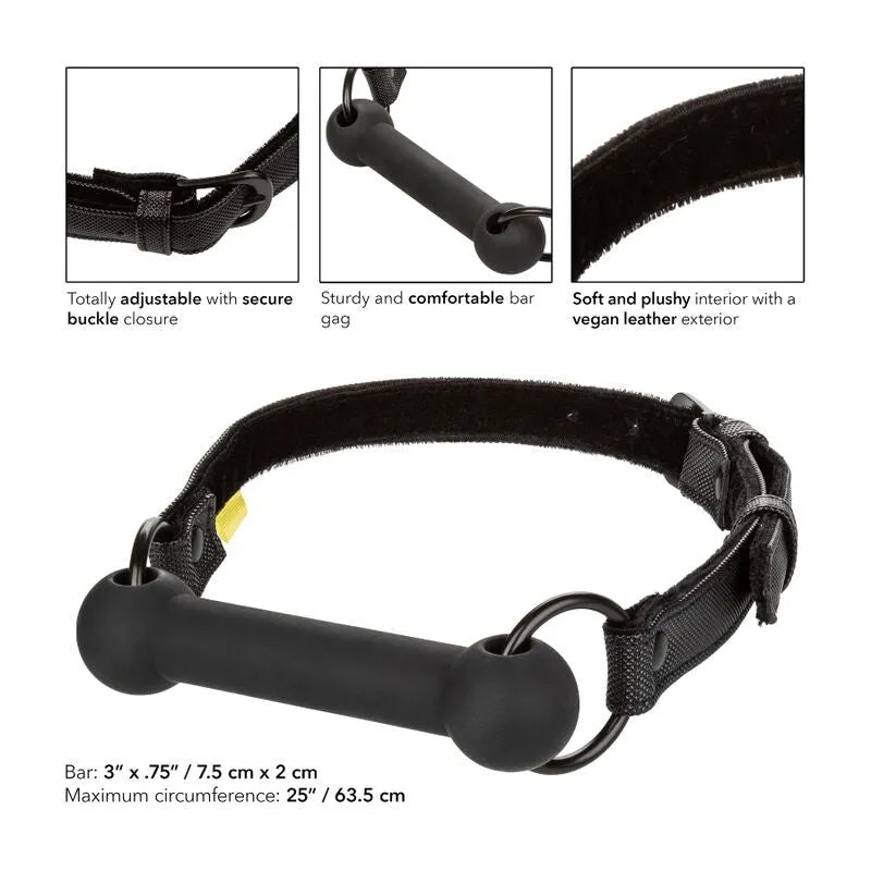 Bâillon barre silicone noir, réglable, cuir végétalien, protection dents, doubles coutures, boucles sécurisées.