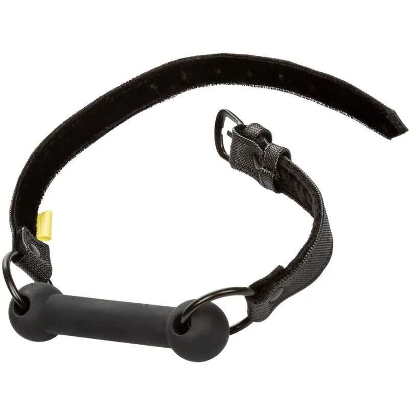 Bâillon barre silicone noir, cuir végétalien, boucles réglables, protection dents, exploration BDSM sécurisée.