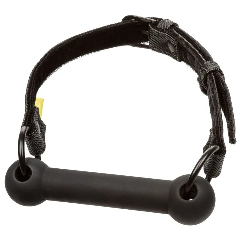 Bâillon barre en silicone noir, cuir végétalien, boucles réglables, protection dentaire, exploration BDSM sécurisée.