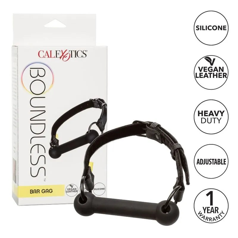 Bâillon barre en silicone noir avec sangle en cuir végétalien, boucles réglables, emballage inclus, BDSM, protection dents.