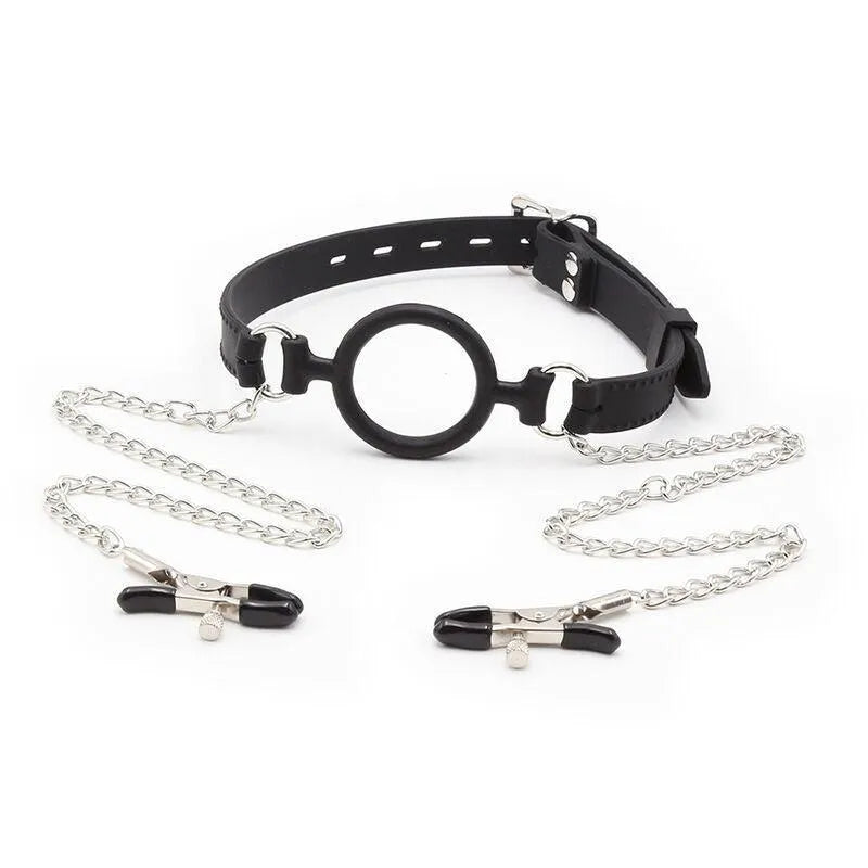 bâillon BDSM pinces tétons métalliques acier inoxydable chaînes sangle réglable confortable durable pointes recouvertes sécurisé intime sensations complicité ergonomique