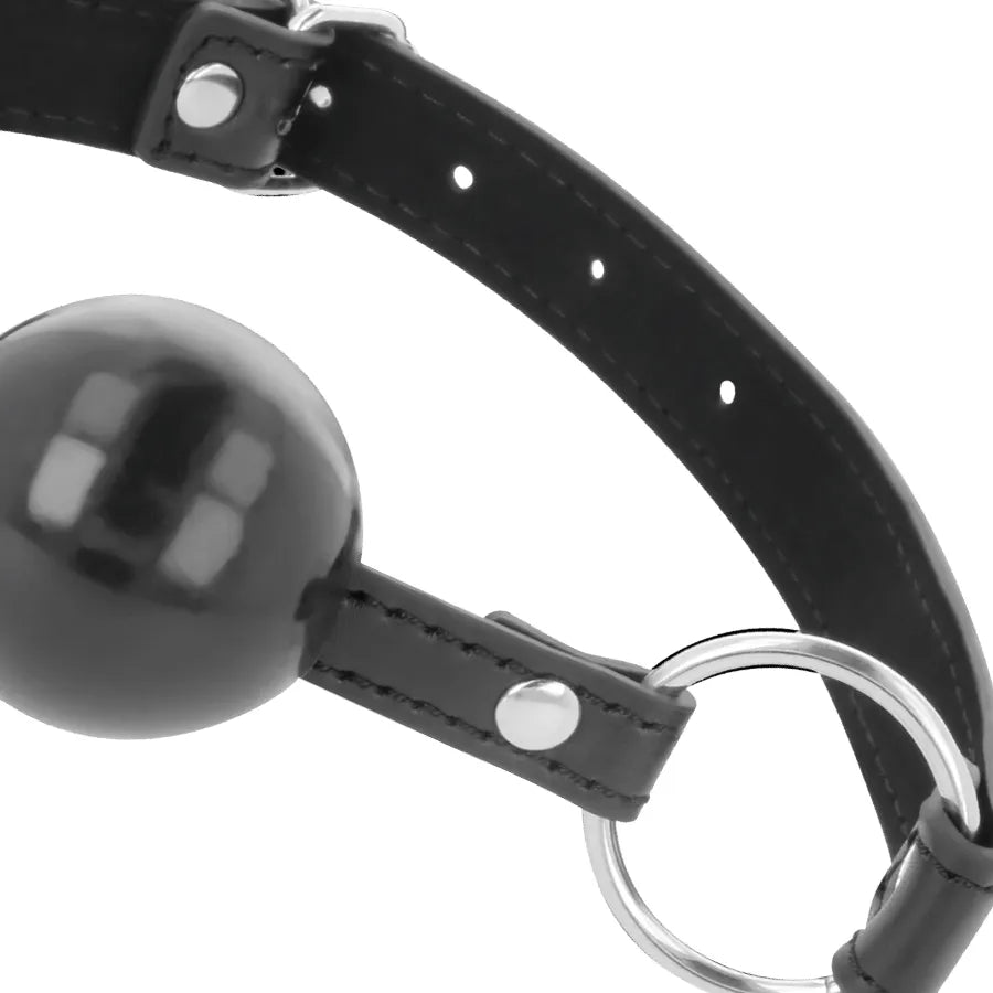 Bâillon BDSM cuir noir, lanières ajustables cousues, boule noire brillante, accessoires bondage haut de gamme.
