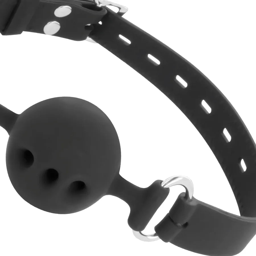 Bâillon BDSM silicone noir, lanières cuir ajustables, design élégant, confort et sécurité, accessoires bondage.