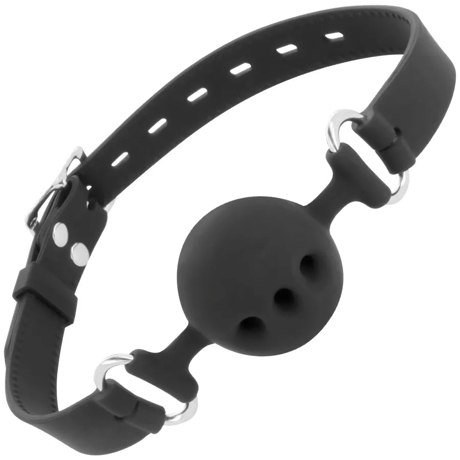 Bâillon BDSM silicone noir, lanières cuir ajustables, design élégant, sécurité et confort pour jeux bondage intimes.