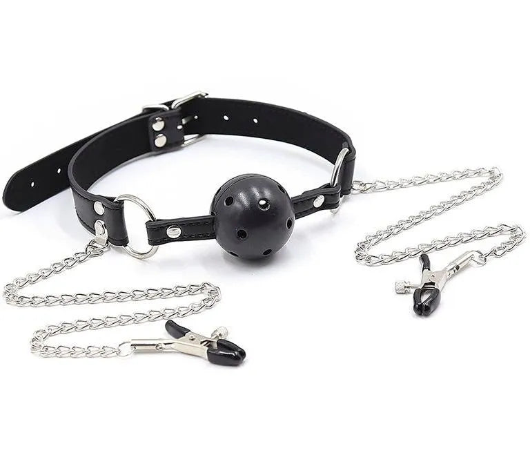 bâillon boule acier inoxydable pinces tétons chaînes sangle réglable évents respiration pointes recouvertes confort sécurité durable design élégant stimulation sensorielle