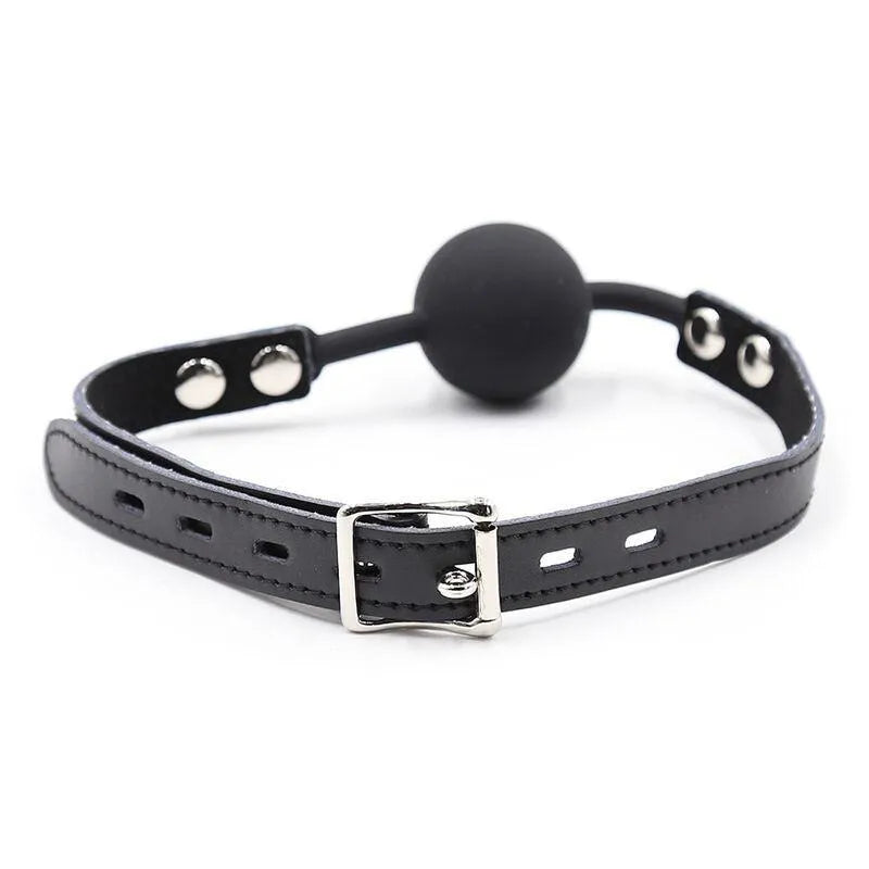 Bâillon boule silicone noir ajustable avec sangle simili cuir, boucle métal, sécurisé, BDSM, diamètre 4 cm.