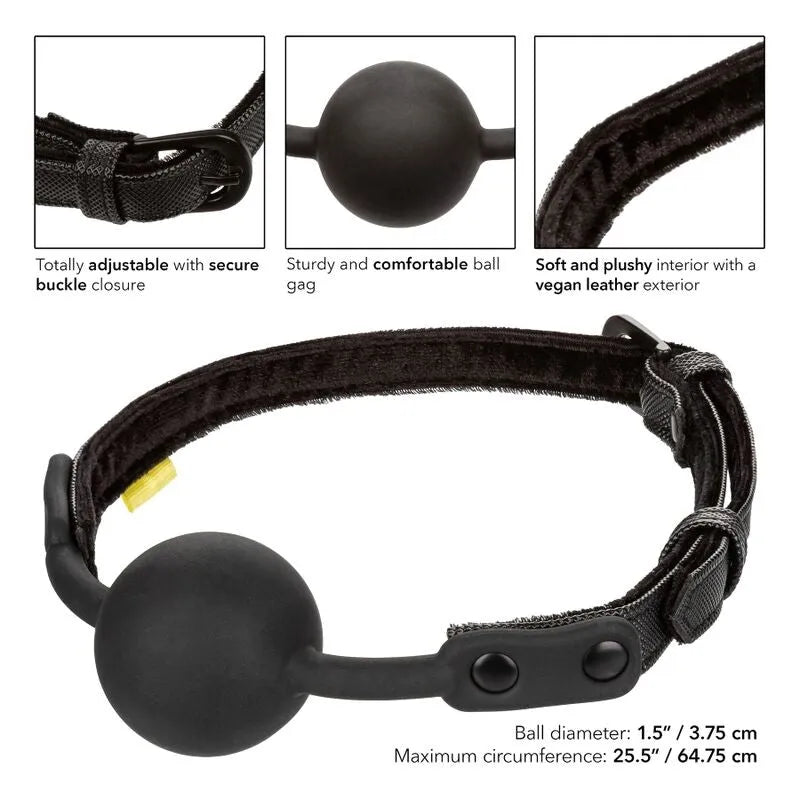 Bâillon boule silicone noir, cuir végétalien, couture double, boucle ajustable, confort moelleux, éthique et durable.