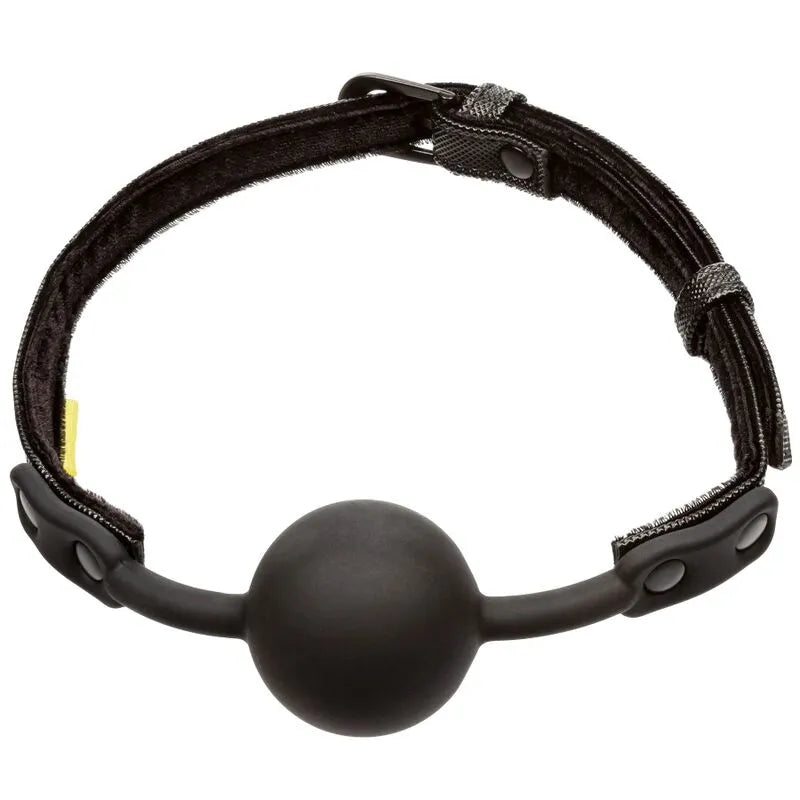 Bâillon boule silicone noir, cuir végétalien double couture, boucles réglables, design éthique et confortable.