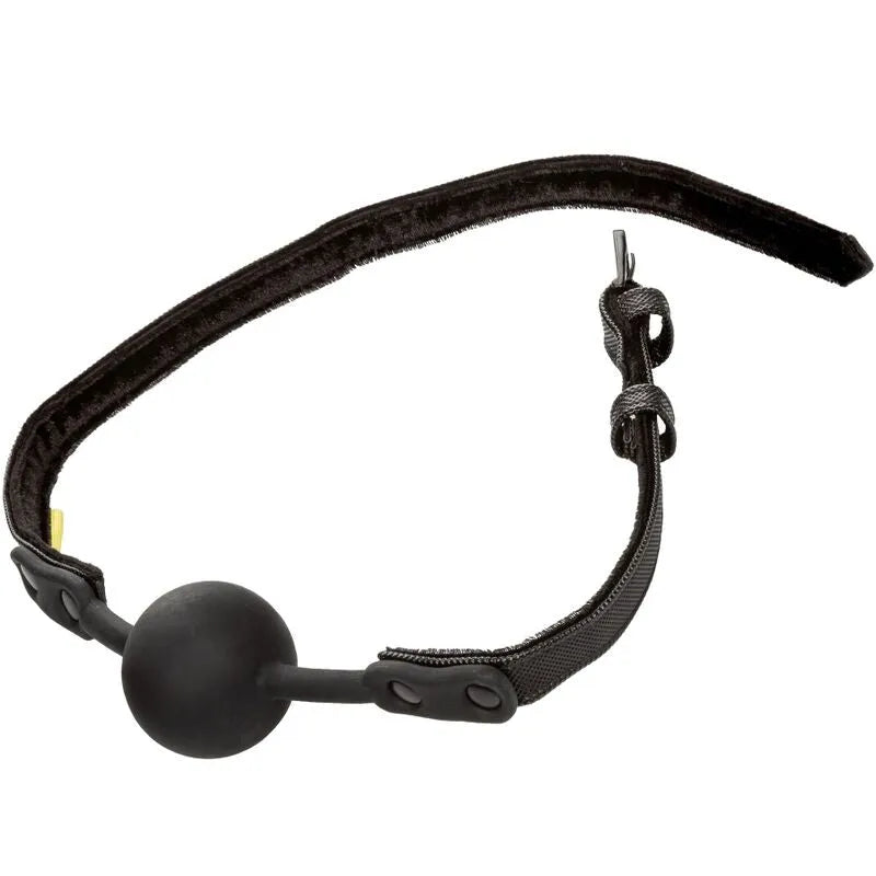 Bâillon boule silicone noir, cuir végétalien, double couture, boucles réglables, accessoire intime éthique et confortable.